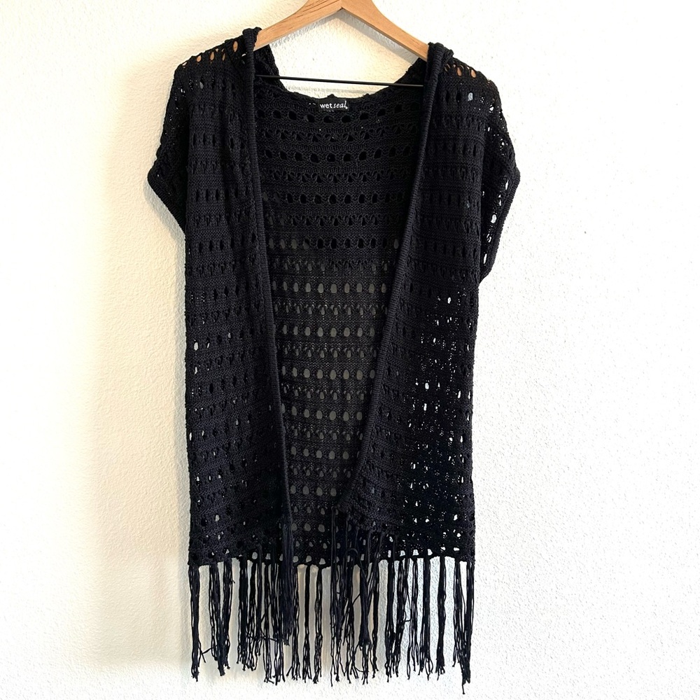 Vintage Y2K Wet Seal Open Crochet Fridge Cardigan Vest Hoodie Black Medium